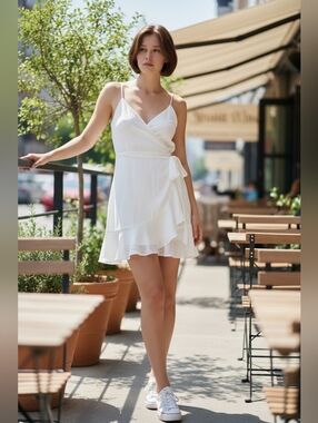 White Spaghetti Strap Wrap Dress